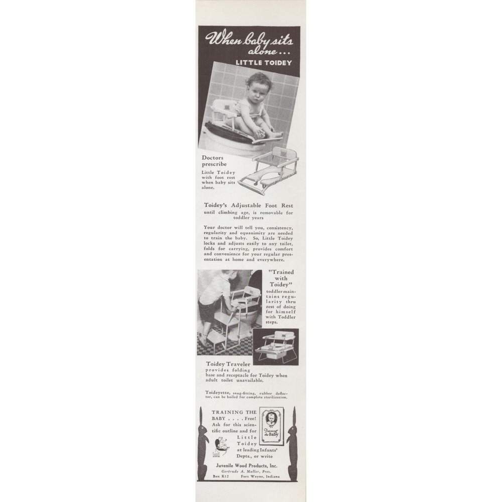 Vintage Baby/Toddler Toilet Trainer Little Toidey Fort Wayne IN Print Ad 1937